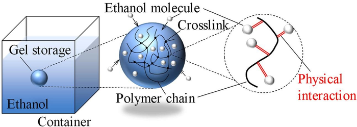 Storage of ethanol inside a polymeric gel sphere