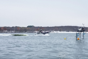 Wakesurf boat on lake