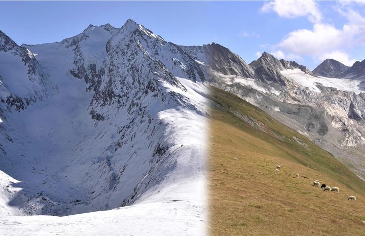Winter and summer at the field site, Hohe Mut, high up in the Austrian Alps. Photo credit: Richard Bardgett