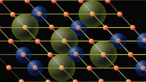 Illustration of a quantum simulator with atoms trapped into a square lattice with lasers