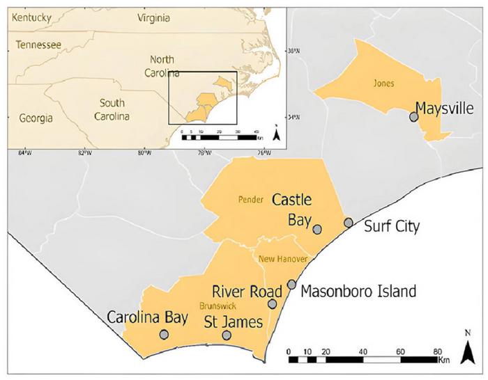 Study area in southeastern NC showing the 8 collection locations across 4 coastal counties.