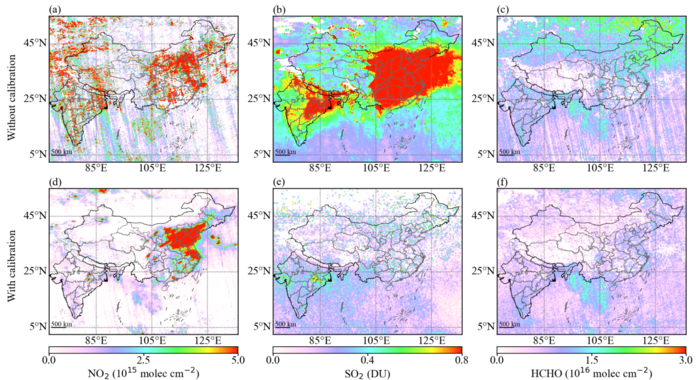 Comparison of EMI trace gas retrievals in March 2020 with and without spectral calibration