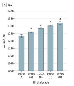 Human Brain Volume for People Born 1930s to 1970s