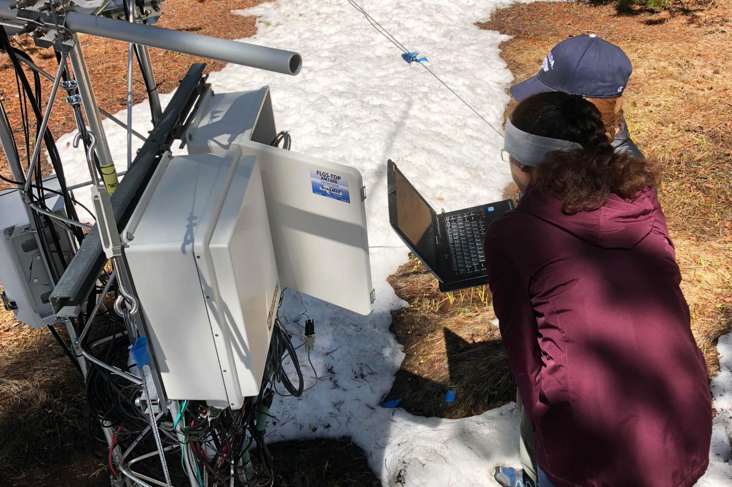 Hydrology students checking snow monitoring station