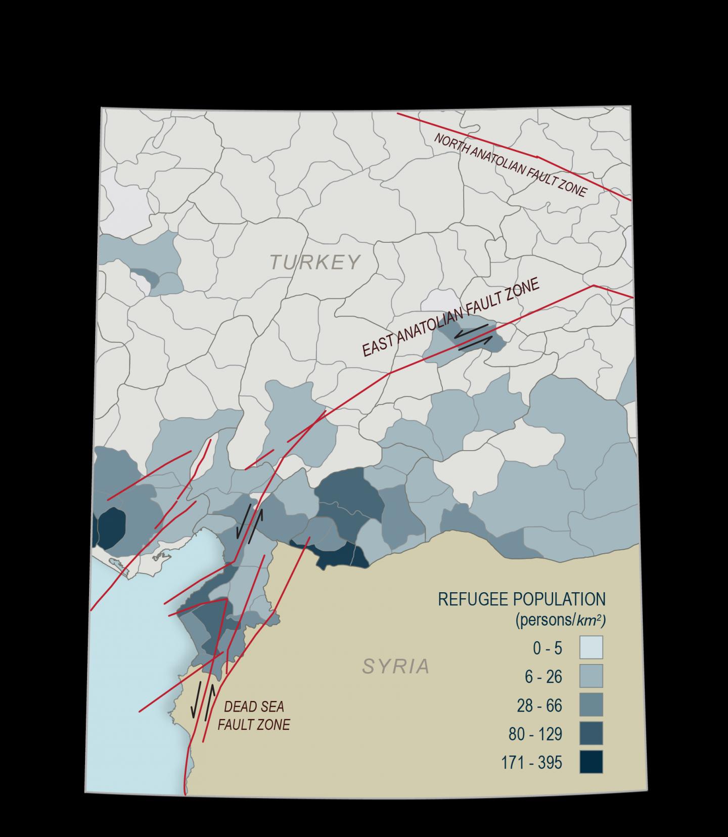 Turkey Fault Lines and Syrian Refugees Map