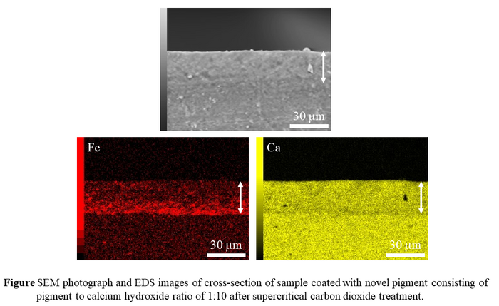 Cross-section of base material coated with novel pigment mixture followed by supercritical carbon dioxide treatment