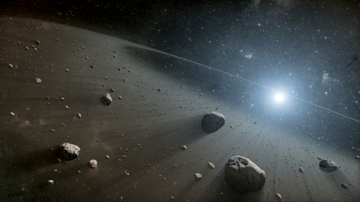 An artist's illustration of the asteroid belt