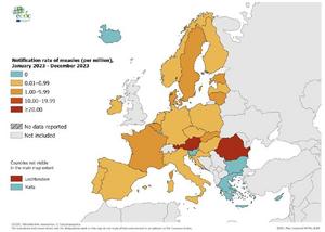 Incidence of measles cases (per million population) reported to TESSy by country, EU/EEA countries, 1 January 2023 to 31 December 2023