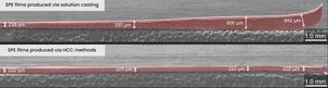 Cross-sectional SEM micrographs comparing SPE films produced via solution casting (top) and HCC methods (bottom).