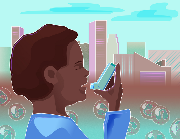 Illustration of Black or Hispanic child using asthma inhaler