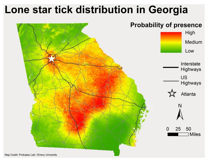 Distribution of lone star ticks in the state of Georgia