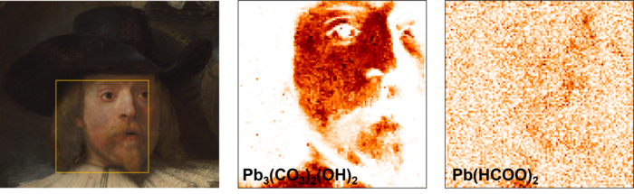 ) Crystalline phases distribution obtained via structural imaging on an aera of The Night Watch (1642) by Rembrandt van Rijn (1606-1669).
