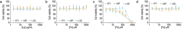 Viability of 4T1, U87, and L-02 cells treated with (a) Lp, (b) IO-PEG, (c) Lp-IO, and (d) UL-free Lp-IO.