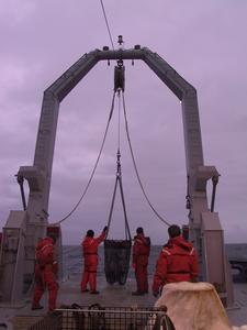 The stern of the research vessel, the R/V Knorr while at sea in 2004