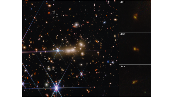 galaxy cluster MACS0647 acts as a cosmic lens to bend and magnify light from the more distant MACS0647-JD system