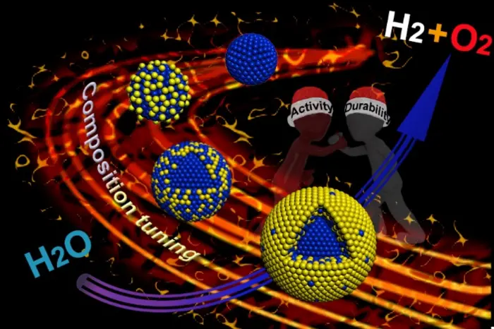 Schematic illustration of water splitting on Au@AuxIr1-x catalysts