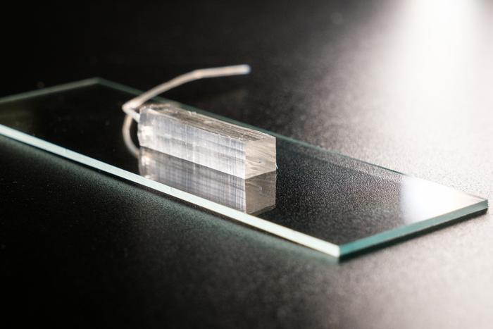 Close-up of the microfluidics device which can make square-shaped micro-ceramic particles with sharp corners.