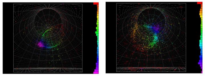 Detection of an electron neutrino (on the left) and an electron antineutrino (on the right) in the Super-Kamiokande detector.