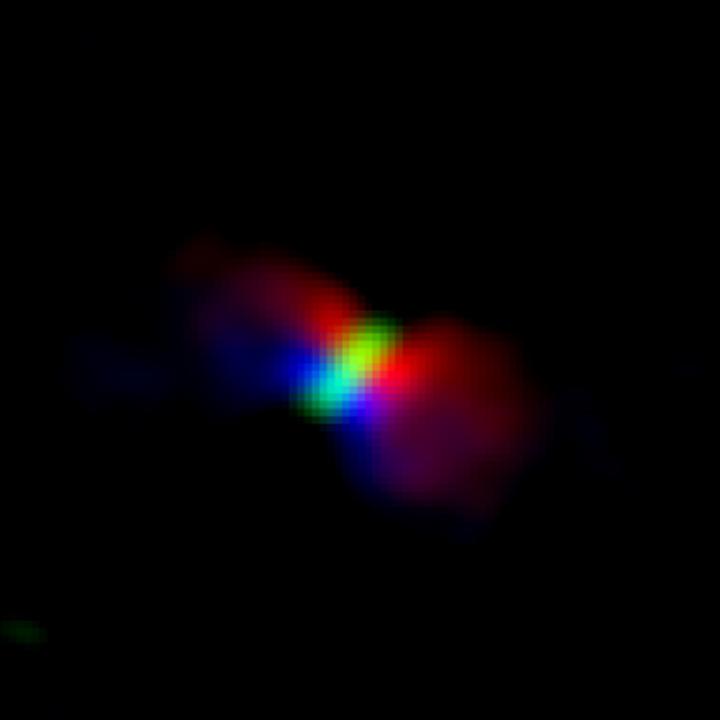 アルマ望遠鏡の観測をもとに、オリオンKL電波源Iからのアウトフローの回転  の様子がわかるようにデータを合成した図