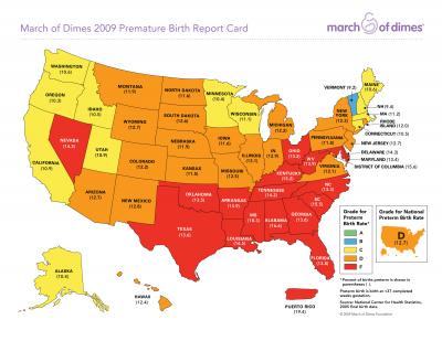2009 March of Dimes Premature Birth Report Card State-by-State Map