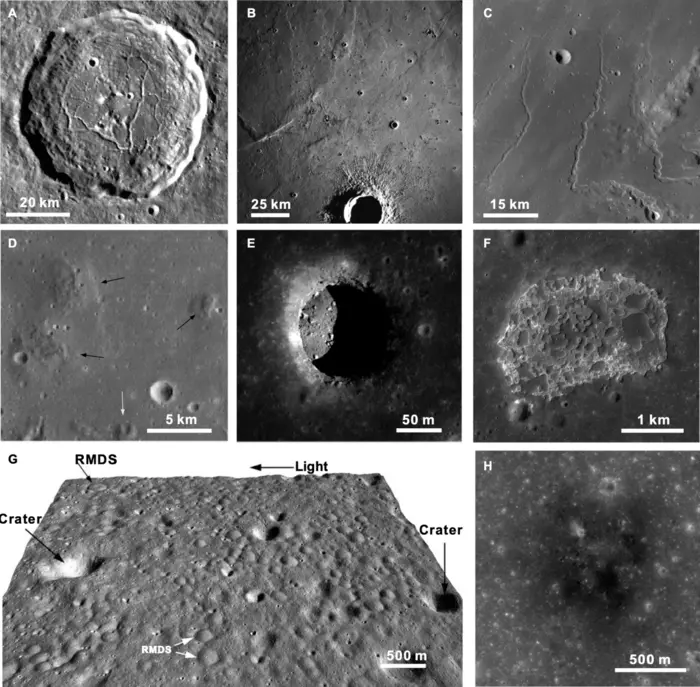 Fig. 3. Lunar volcanic landforms. (A) Floor-fractured crater (44.3°E, 46.5°N), LRO WAC mosaic. (B) Lava flows in the southwestern Imbrium (330.4°E, 25.5°N), Apollo photograph AS15-M-1701. (C) Sinuous rille (315.7°E, 27.3°N), LRO WAC mosaic. (D) Luna