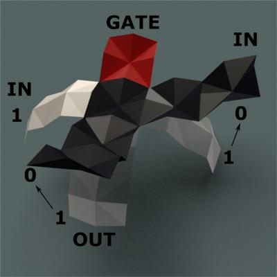 Autonomously Reconfiguring Origami Units Can Be Connected to Form Dynamic Boolean Logic Gates