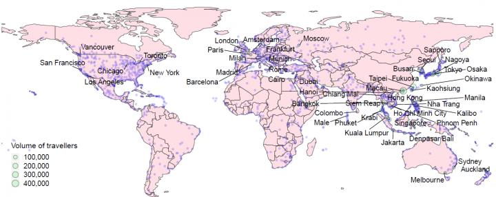 Global Cities Receiving Airline Travellers from 18 High-Risk Cities in Mainland China