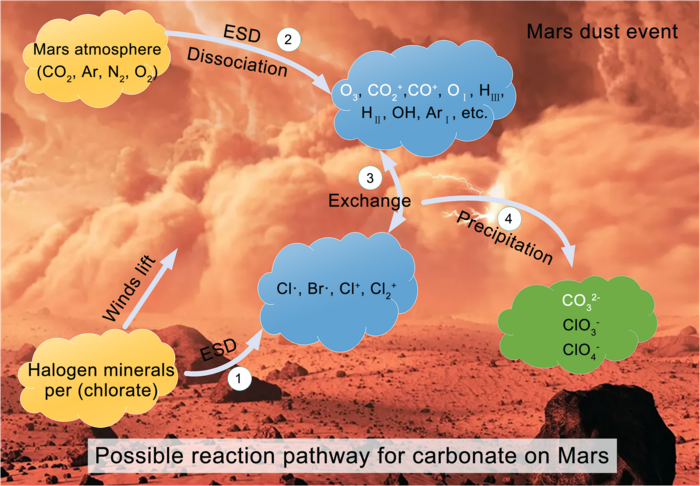 Proposed reaction pathway for carbonate formation by ESD reactions.