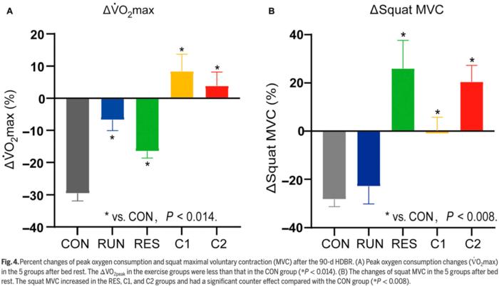 Fig. 4. Percent changes of peak oxygen consumption and squat maximal voluntary contraction (MVC) after the 90-d HDBR. (A) Peak oxygen consumption changes (V·O2max) in the 5 groups after bed rest. The ΔVO2peak in the exercise groups were less than that i