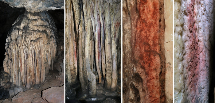 Flowstone formation in the Sala de las Estrellas at Cueva de Ardales (Malaga, Andalusia), with the traces of red pigment analysed and discussed in the article.