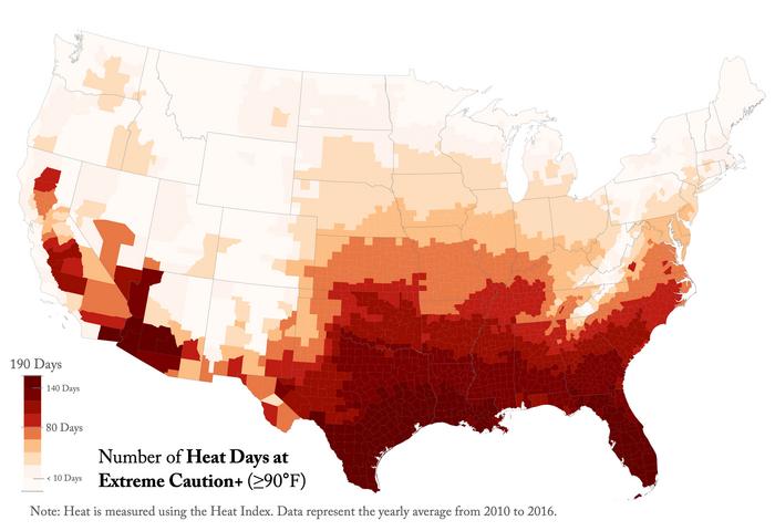 Number of Heat Days at Extreme Caution+ (≥90°F) across the U.S.