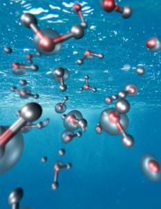 Water molecules and electron density corresponding to the exciton state resulting from photon absorption.