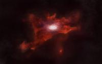 Artist's impression of a young galaxy surrounded by a huge gaseous cloud