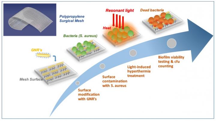 Schematic View of Plasmon-Enabled Biofilm Prevention on Surgical Meshes