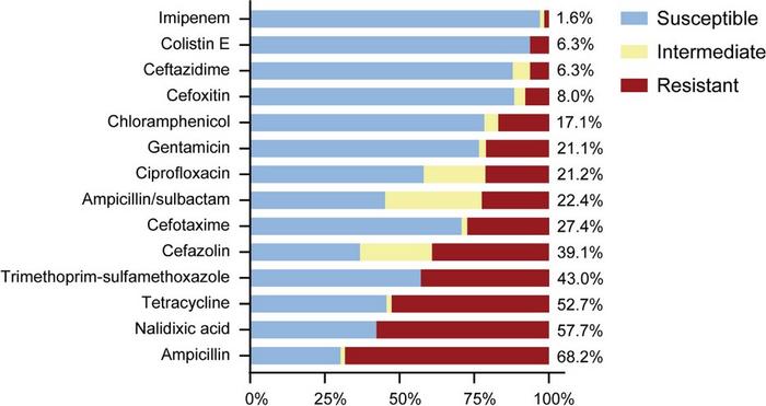 Antibiotic resistance profile of diarrheagenic Escherichia coli isolated from sporadic cases, 2016–2022 China.