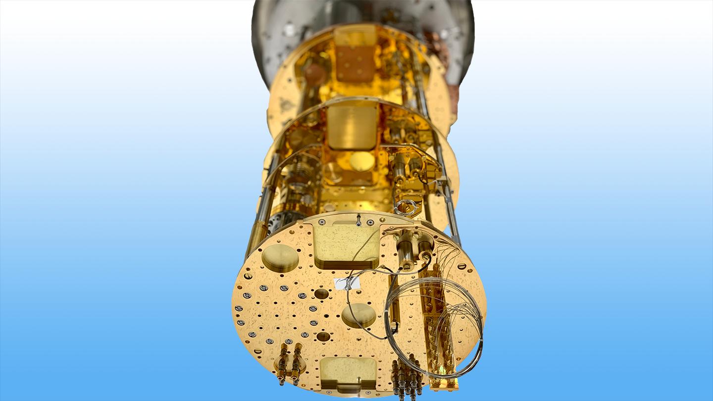 A cryogenic dilution refrigerator. The base temperature is 10 milli Kelvin.