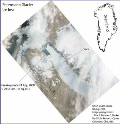 Satellite Images Show Continued Breakup of 2 of Greenland's Largest Glaciers (1 of 2)