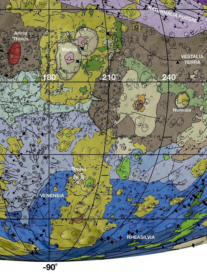 Vesta's Geological Map Showing Veneneia, Rheasilvia, Marcia Impacts