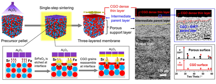 Fabrication of a multilayered ceramic membrane with an ion conducting dense thin layer using an interface-reaction-induced reassembly approach
