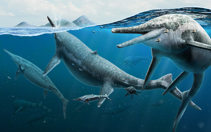 Artist’s life reconstruction of adult and newly born Triassic ichthyosaurs Shonisaurus, 2022.