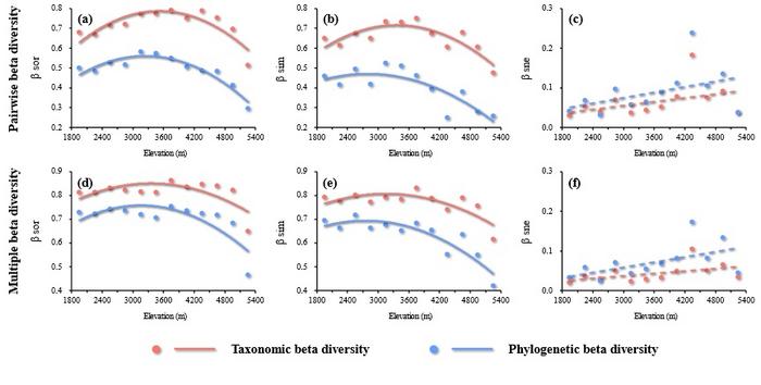 Fig. 2 Elevational patterns of pairwise taxonomic and phylogenetic beta diversity (a, b, and c) and multiple taxonomic and phylogenetic beta diversity (d, e, and f).