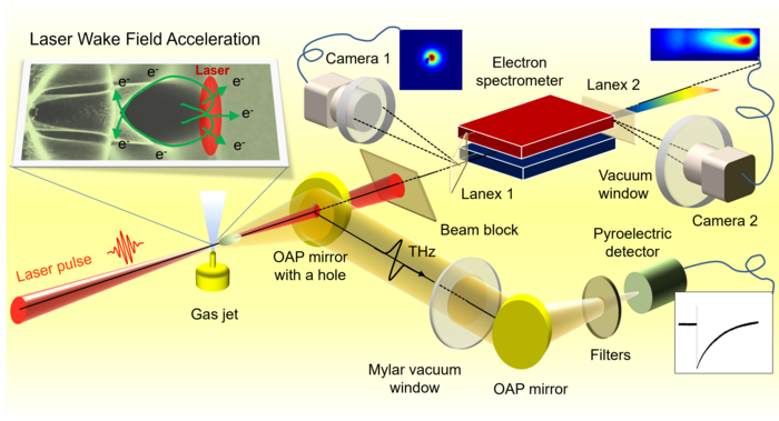 A laser pulse (27 fs, 2.7 J, 800 nm) ionizes a gas jet and accelerates the freed electrons by the ponderomotive force and subsequent plasma wakefields.