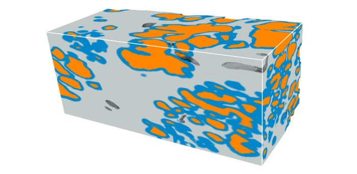 Microscopic glands of the prostate are segmented (colored) with the new deep-learning pipeline; the image shows a prostate cancer tissue volume, measuring roughly 1 x 1 x 2 mm in size.