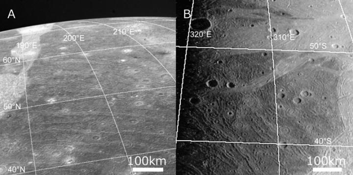 図1　ボイジャー2号（左側）とガリレオ探査機（右側）によって撮影されたガニメデの地表面の様子