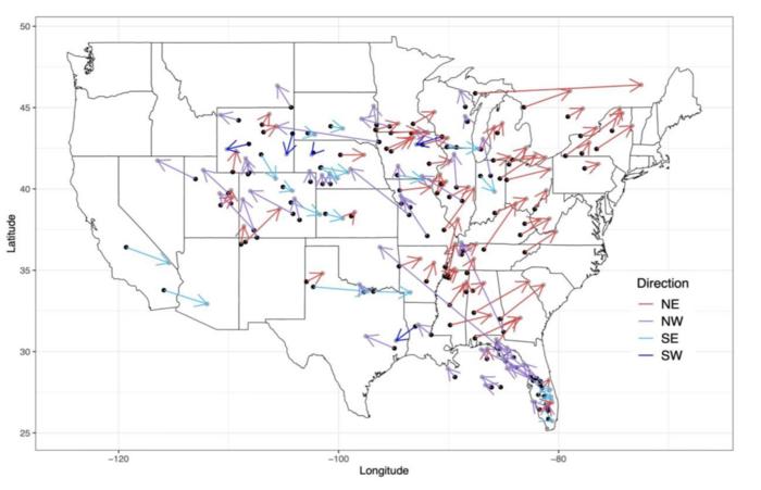 Direction of change in the abundance habitat identified for 134 invasive species with future eastern U.S. distributions under a 2°C warming scenario