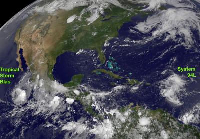 GOES-13 Sees System 94L and Tropical Storm Blas
