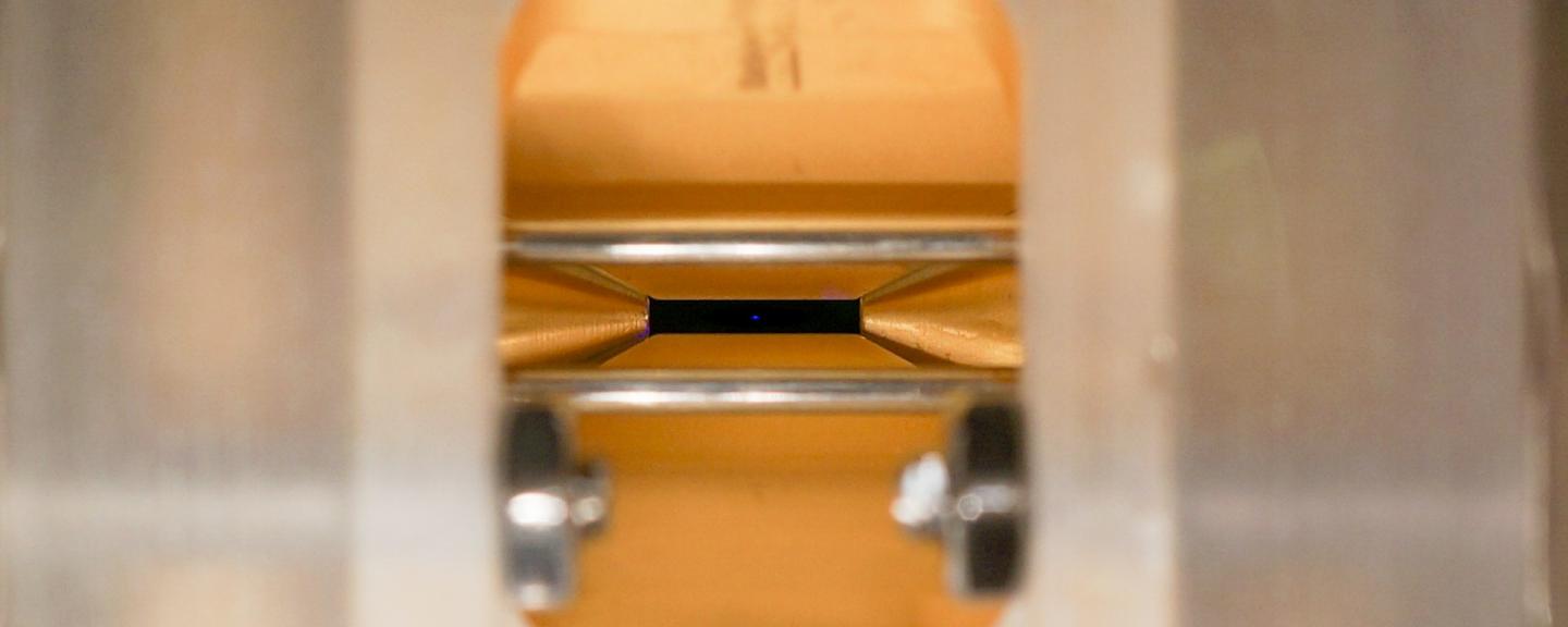 The ion trap with strontium ions in the center (the blue spot).