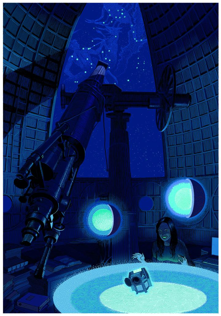 Artist's view of the study of the three planets, under a sky illuminated by the Wolf constellation.