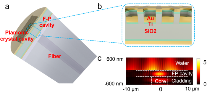 A Fano-resonance coupled SPP cavity on the end-facet of a single-mode fiber.