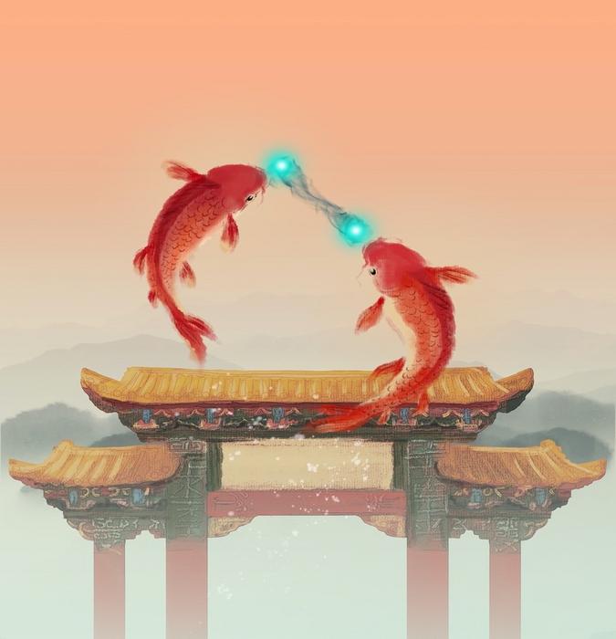 The image captures the iconic myth of “Carp Jumping Over the Dragon Gate” from Chinese culture, symbolizing great success.